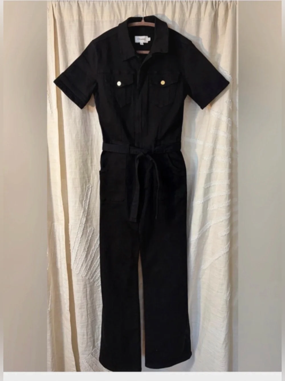 Frame Premium Black Denim Short-Sleeve Utility Edgy Jumpsuit Sz S EUC