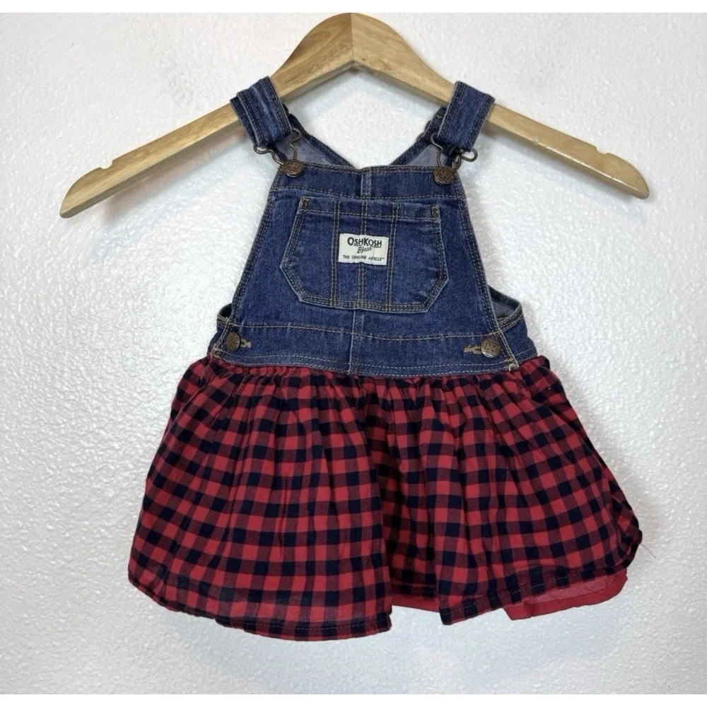 Oshkosh Vestbak Overall Dress Jumper 18 Months Red Black Plaid Shirt‎ Denim