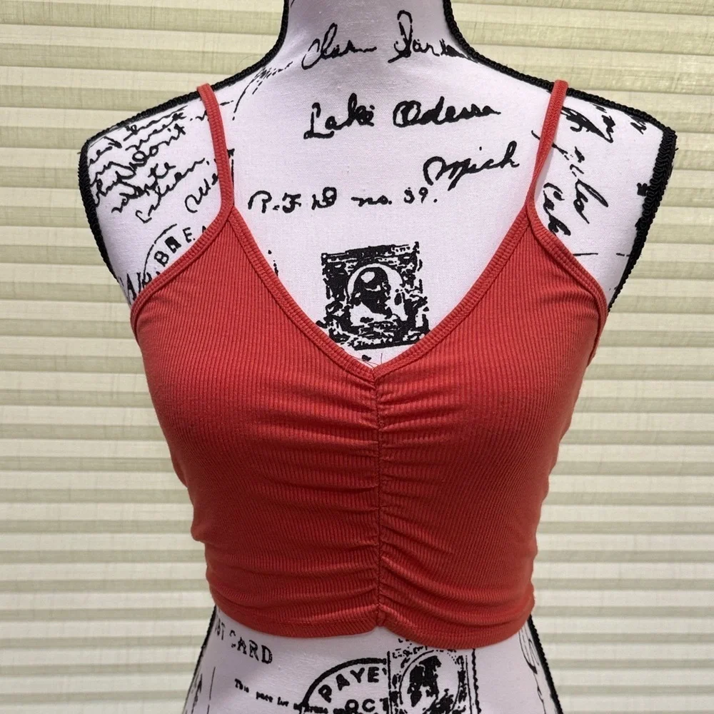 Women’s Rust Red Ruched V-Neck Crop Tank Top