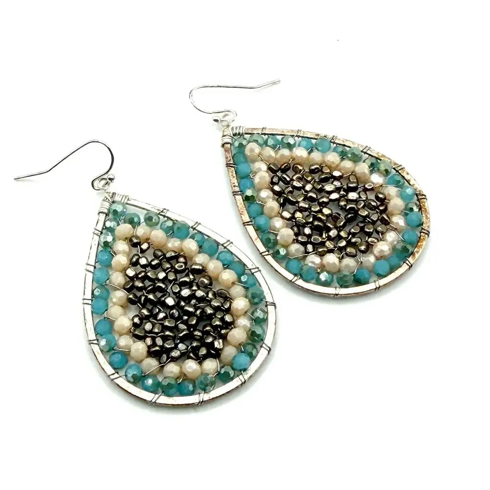 Vintage Y2K Sterling Silver Hematite Blue Beige Teardrop Dangle Earrings