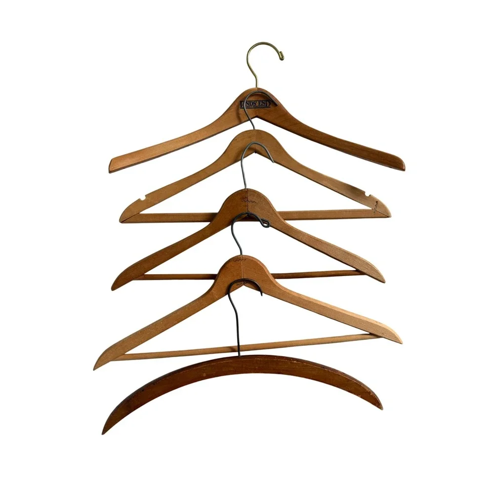 Lot of 5 Vintage Wooden Clothes Hangers Lands' End Hand Carved Cedar Mixed Wood