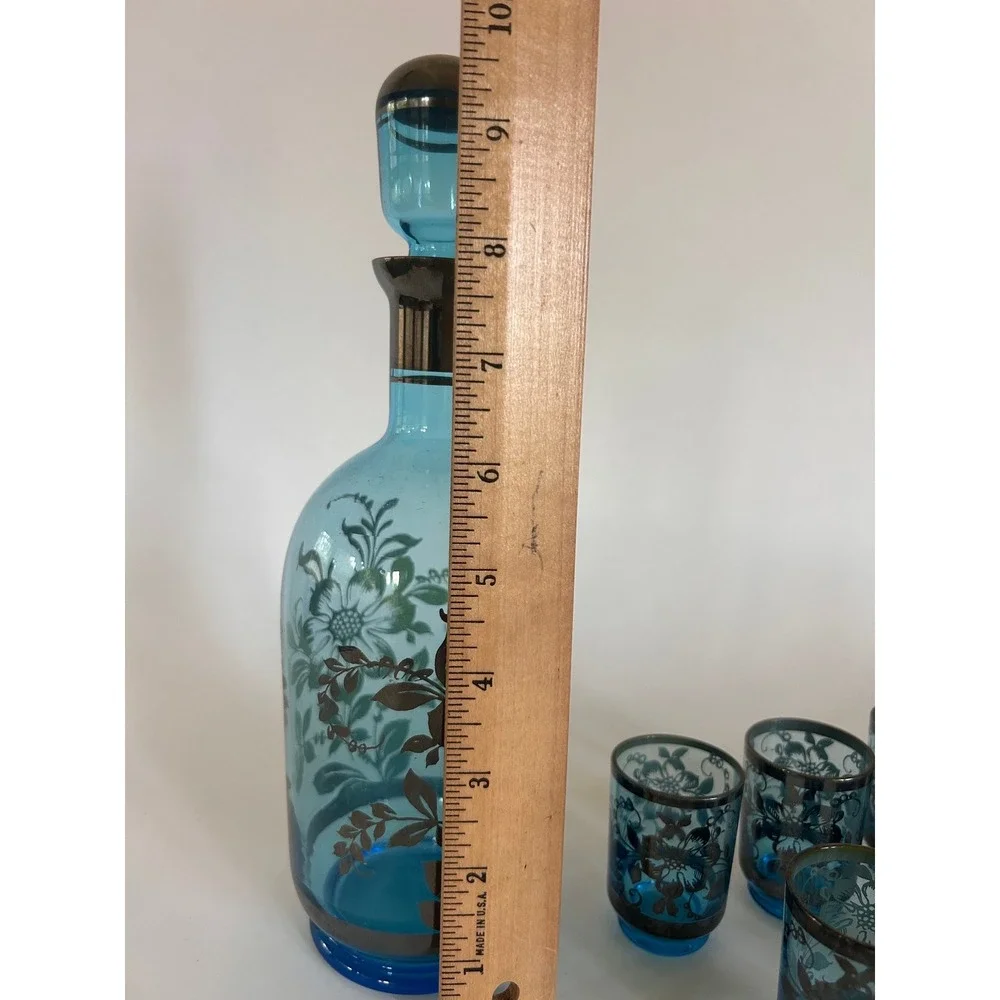 Vintage Murano Blue Art Glass Decanter 6 Shot Glasses Set Floral MCM