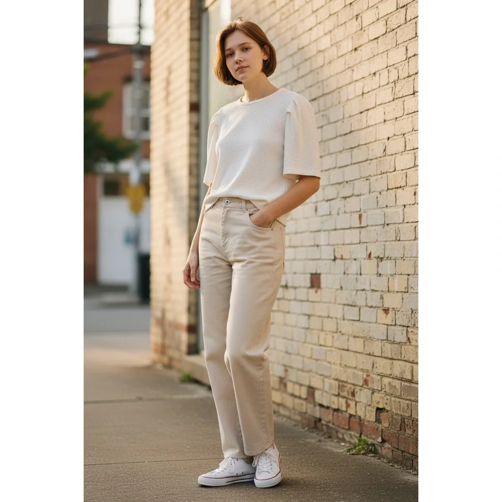 Zara Textured Knit Puff Sleeve Top‎ Cream Off White Short Sleeve Blouse Large