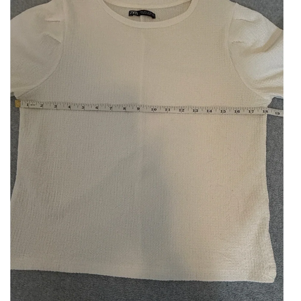 Zara Textured Knit Puff Sleeve Top‎ Cream Off White Short Sleeve Blouse Large