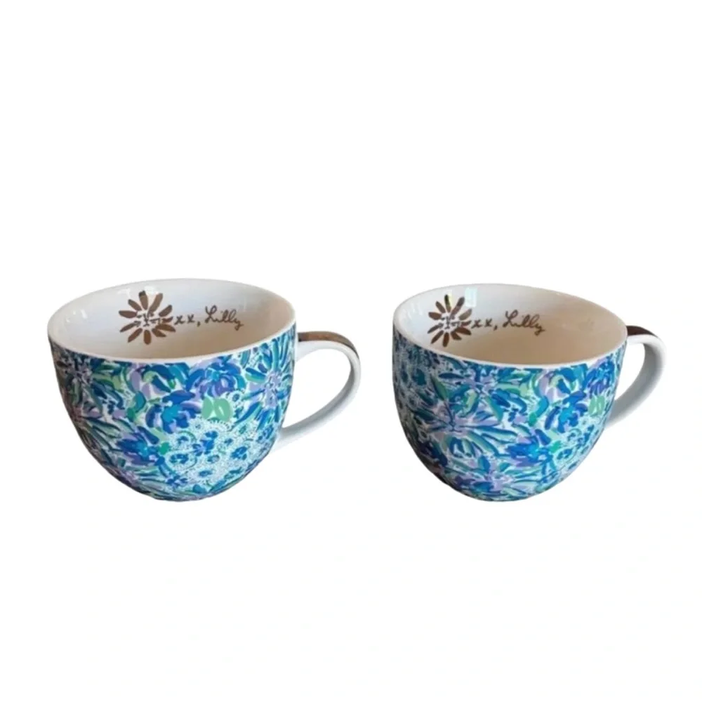 Set of 2 Lilly Pulitzer Mug Cup 12 Oz Floral Blue Gold Handle Hidden Lion