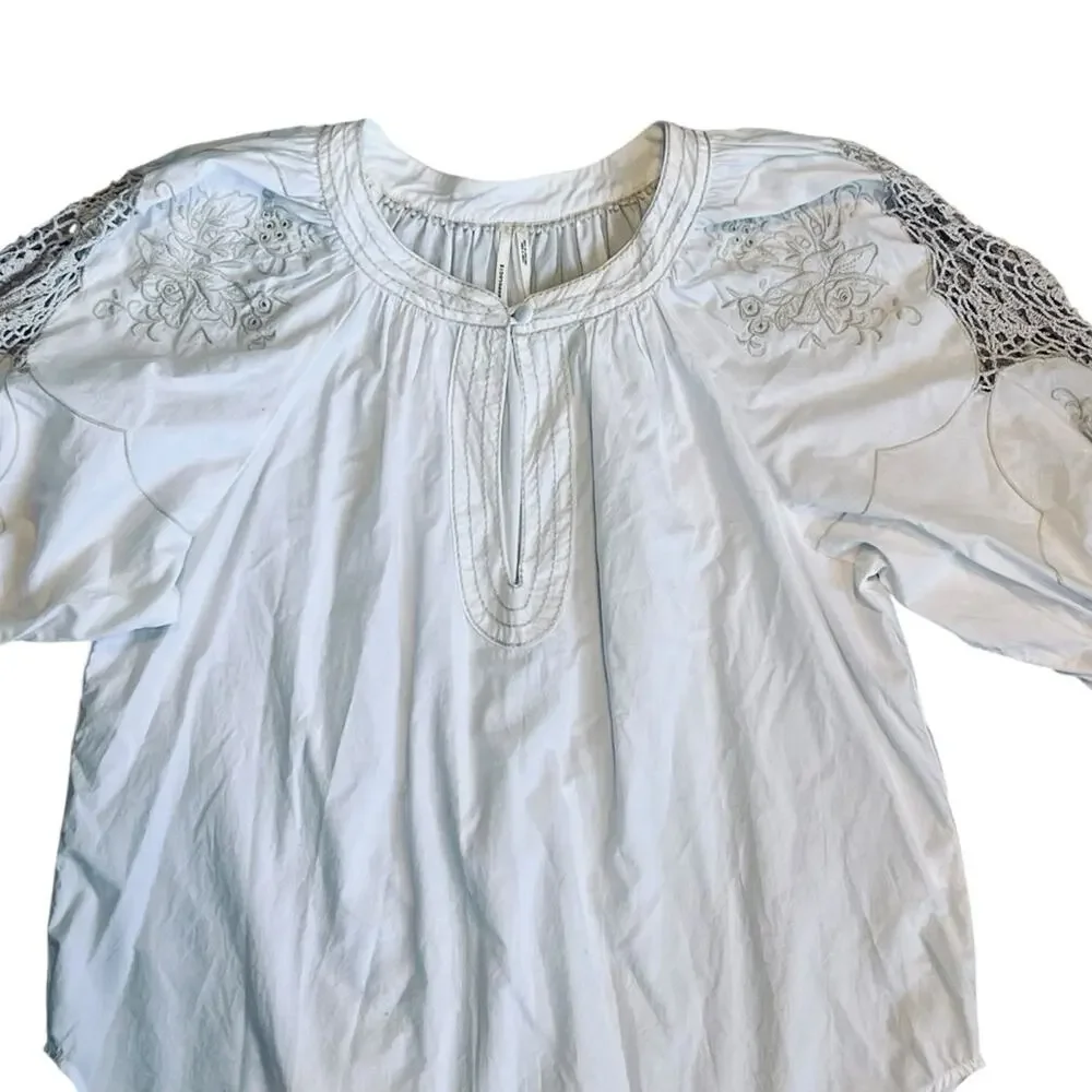 Anthropologie Women’s Sz S Ivory Crochet Blouse Short Puff Sleeve Pullover
