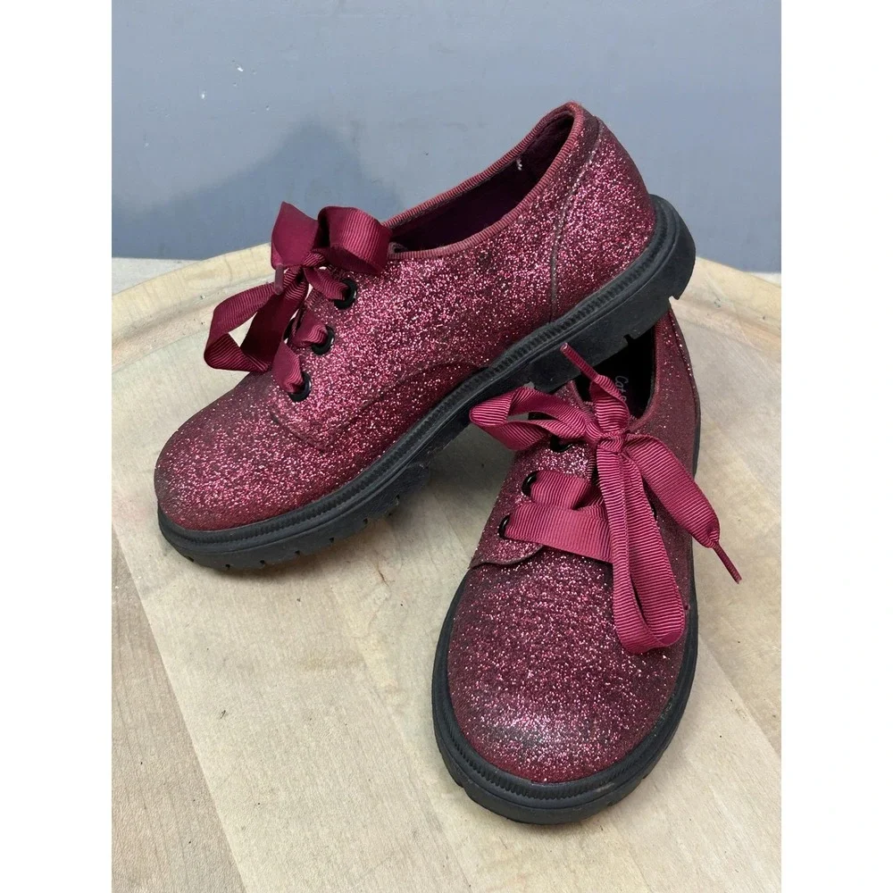 Cat & Jack‎ Shoes Girls Size 12 Burgundy Glitter Oxford Dress Ribbon Lace Up