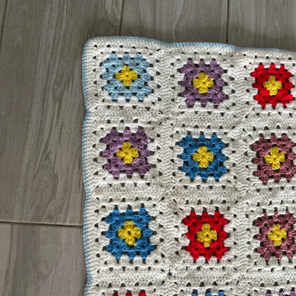 Handmade Crochet Granny Square Baby Blanket MultiColor White 24x36 Nursery Throw