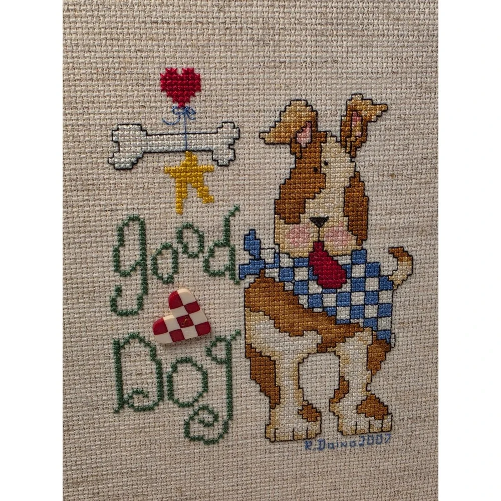 Alma Lynn Good Dog Framed Cross Stitch Art Robert P Daina 2007 Rustic Decor