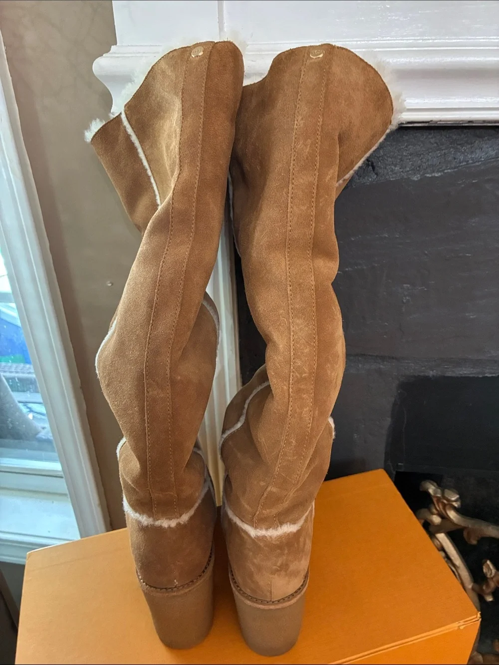 UGG Tall Suede Shearling-Lined Boots in Chestnut