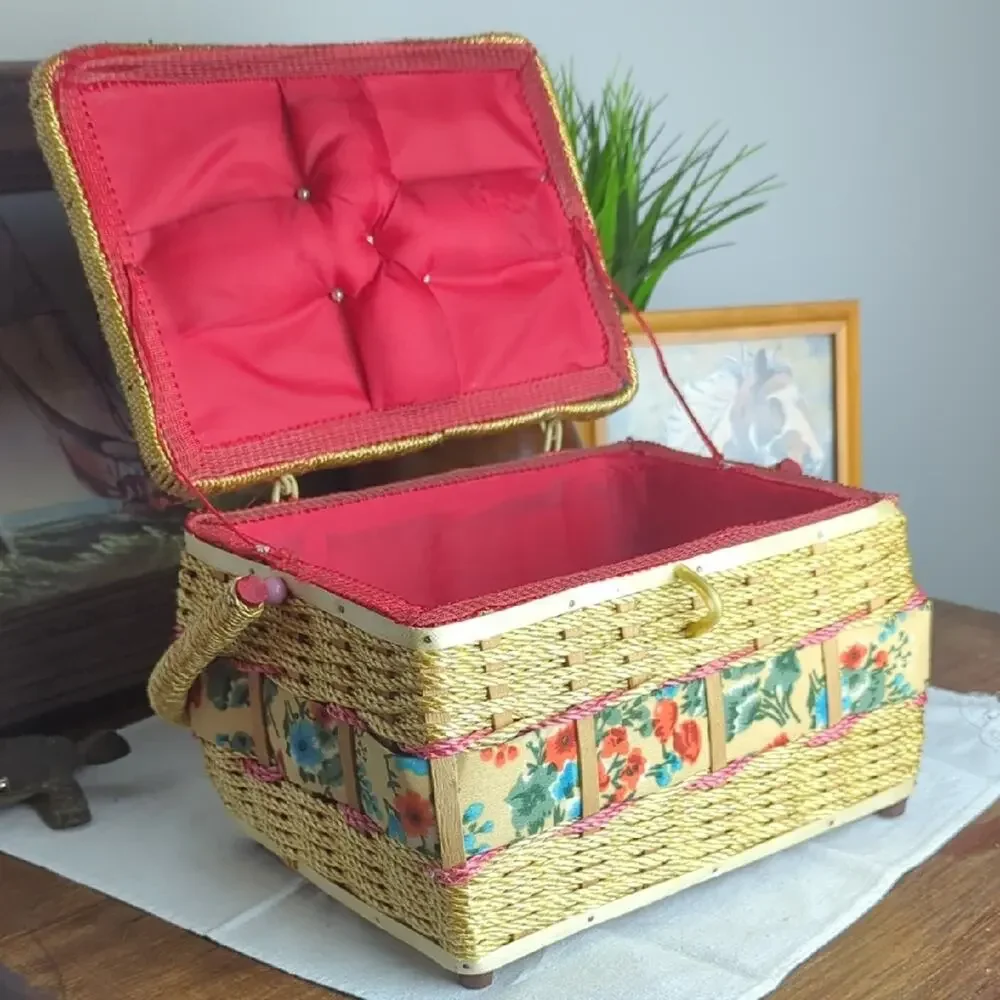 Vintage Wicker Sewing Basket Storage Box Floral | Granny Chic Cottagecore