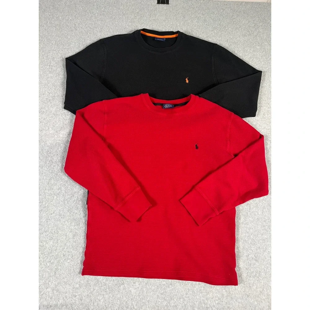 Polo Ralph Lauren Mens 2 Pack Thermal Waffle Knit Sleepwear Shirts Black Red L