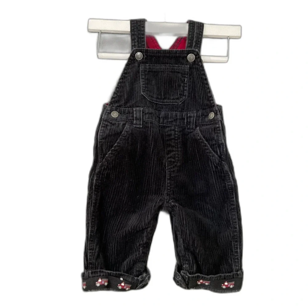 GYMBOREE Sz 3-6 mo Black Corduroy Overalls fire truck hem snap closure