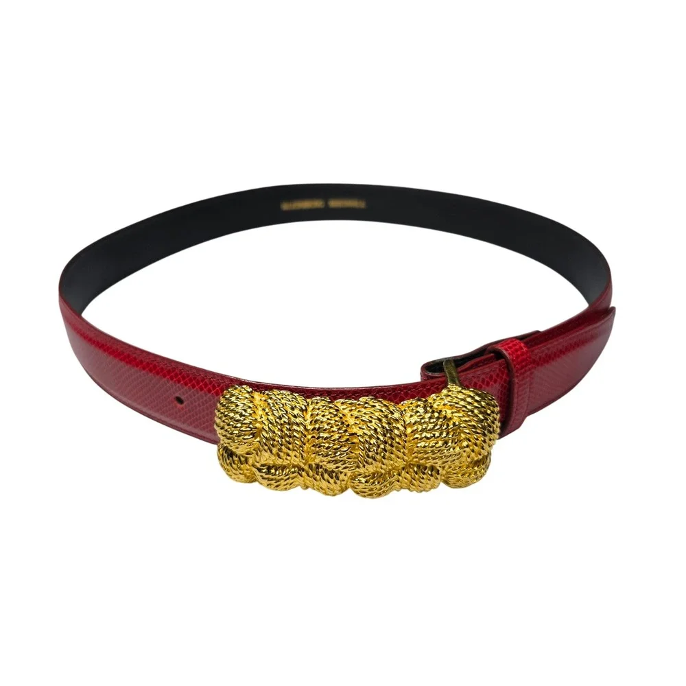 Kleinberg Sherrill Red Lizard Embossed Leather Belt Gold Braided Rope Buckle 32
