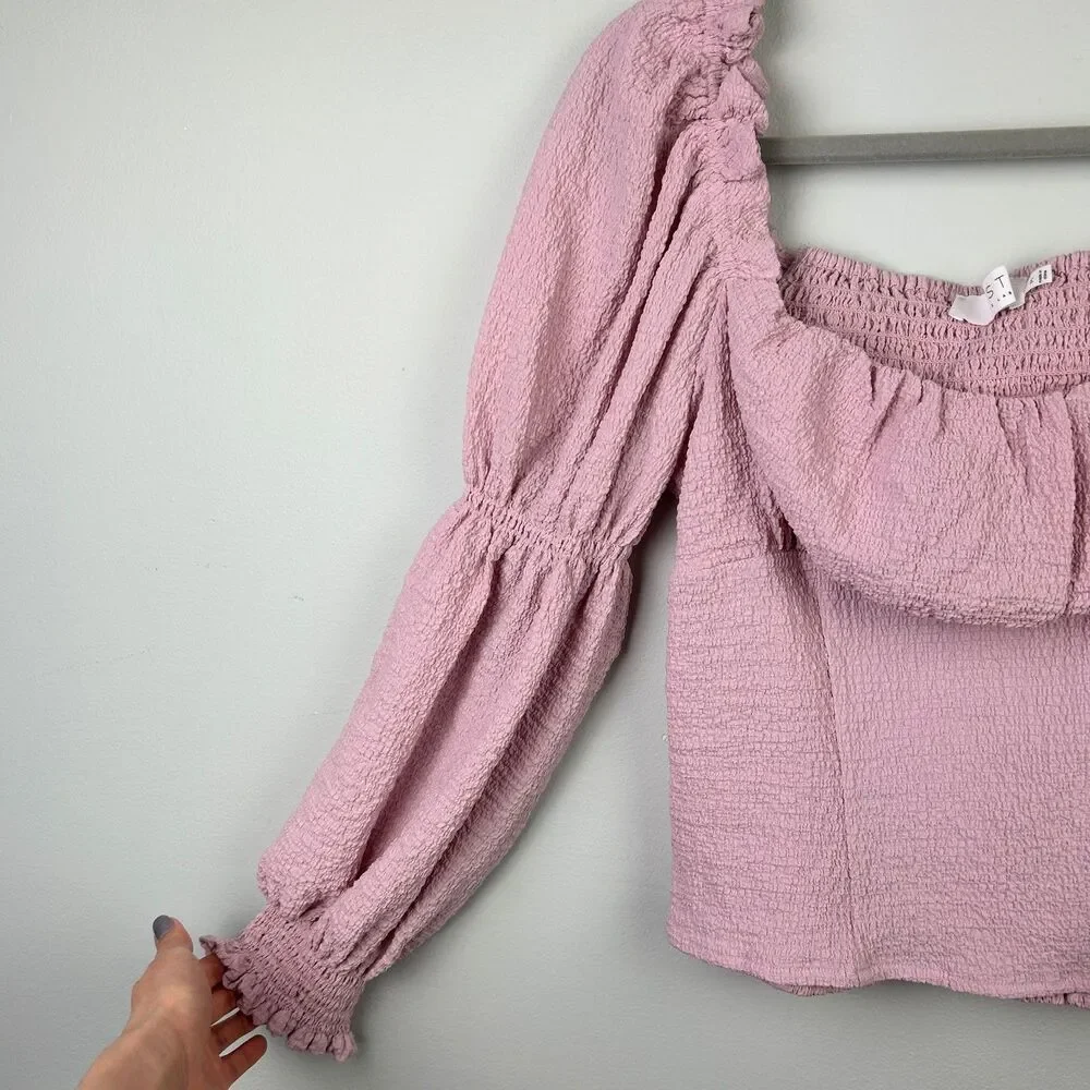 ASTR the Label Lilac Pink Puff Long Sleeve Ruched Bust Top Smocked Blouse sz M