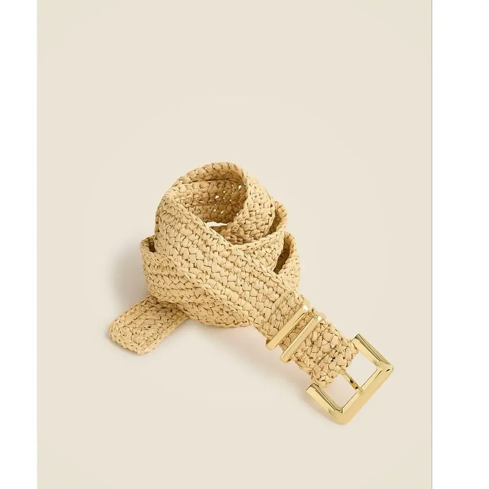 J. Crew Women’s Classic Woven Belt Leather Trim Gold Buckle Hickory Brown NWT
