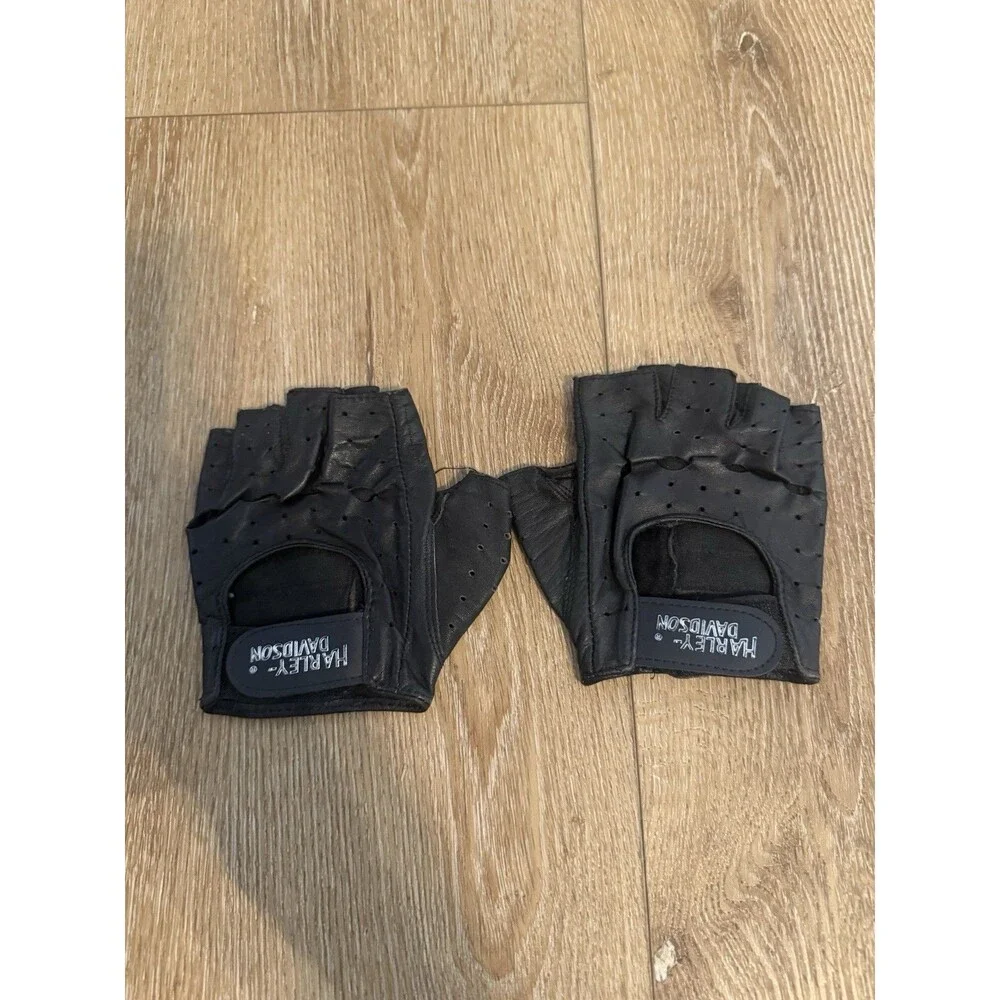 Harley-Davidson Fingerless Biker Motorcycle Gloves Black Leather Logo Women’s L