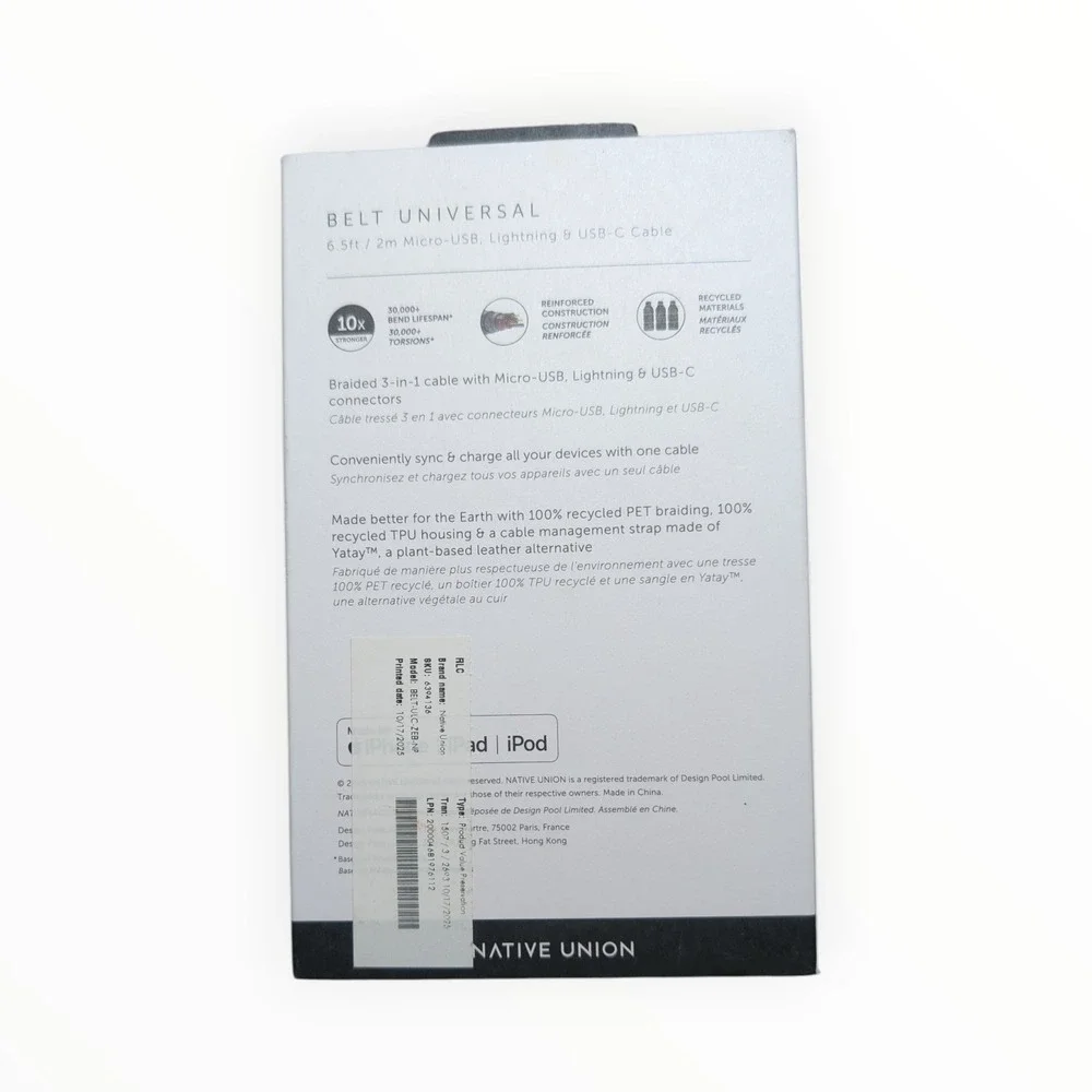 D7-O‎ Native Union Belt 6.5' USB-A to Lighting to Micro To USB-C Universal Cable