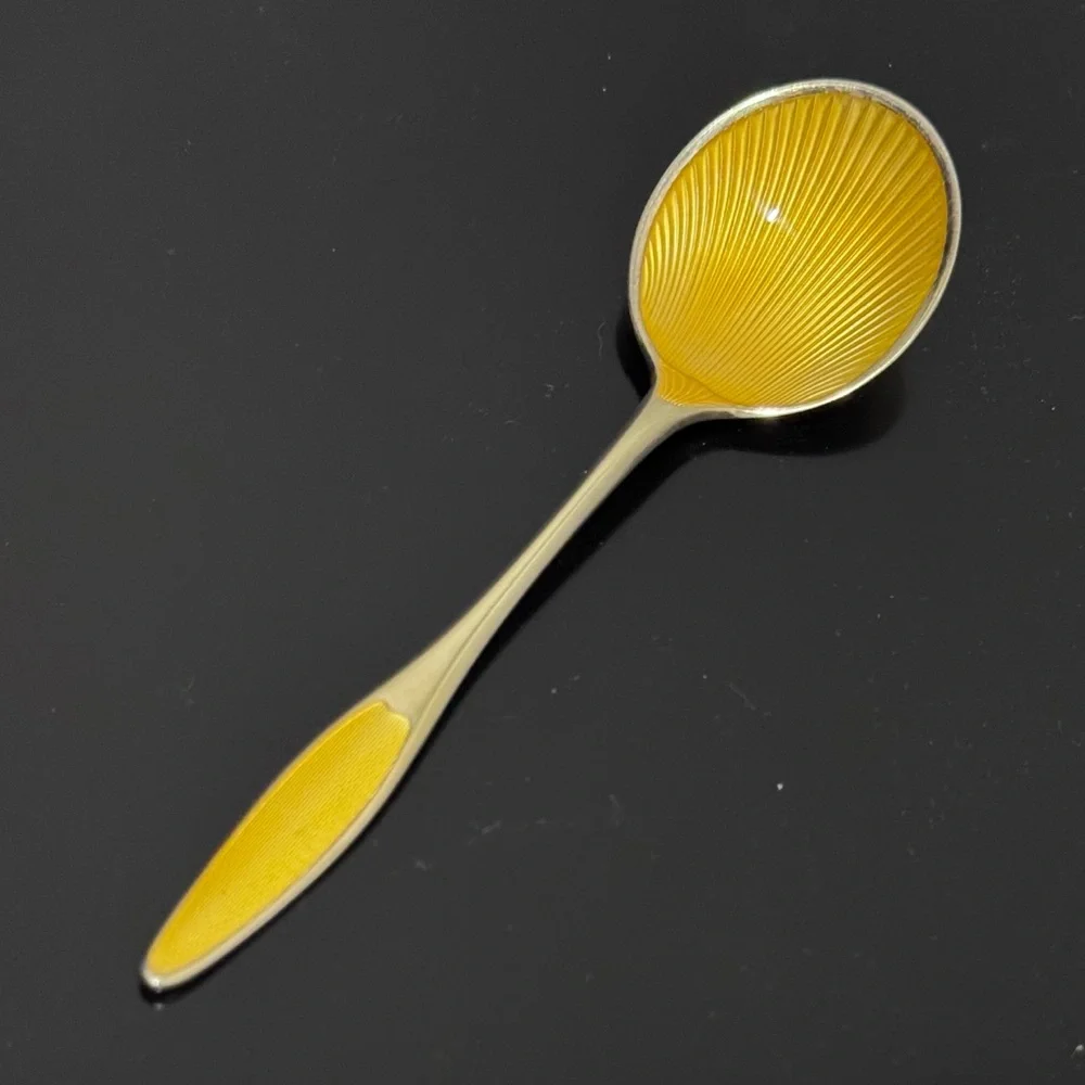 Frigast Sterling Denmark 5.2″ Guilloché Enamel Gilt Spoon — Vintage Danish MCM