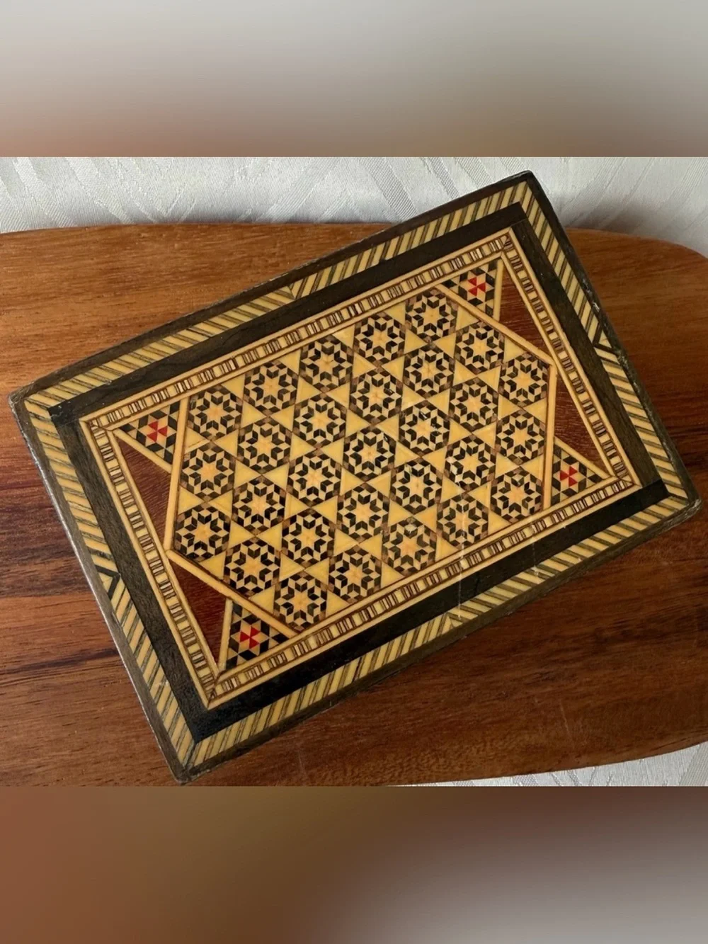 VTG Syrian Syria Trinket Jewelry Wooden Box Inlay Mosaic Geometric