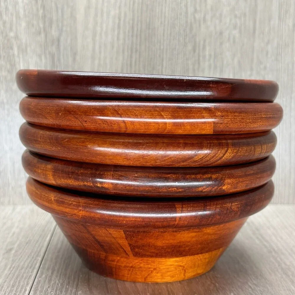 Mountain Woods Vintage Set of 5 Siamese Teak Wooden Salad Bowl Handcrafted Brown