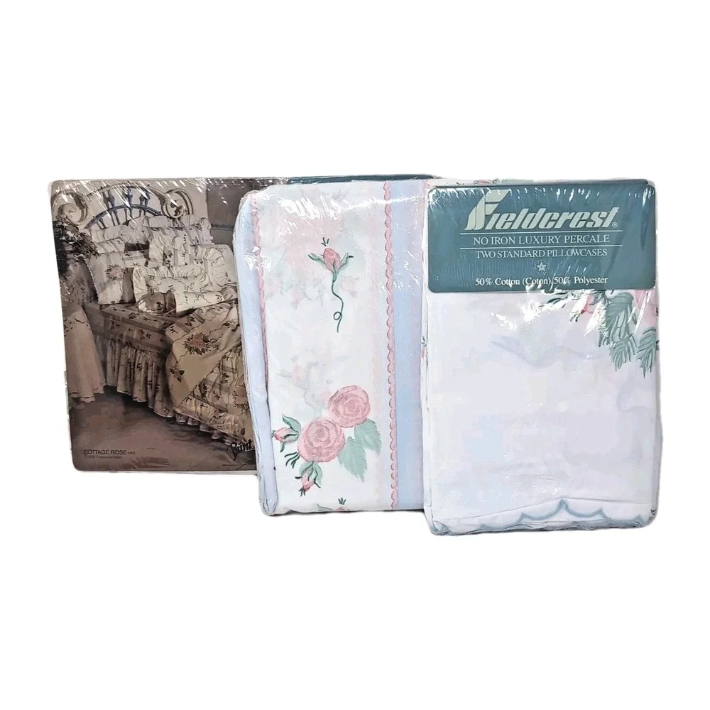 VTG Fieldcrest Cottage Rose Full Sheet Set Scalloped White Pink Blue 4pc NEW USA