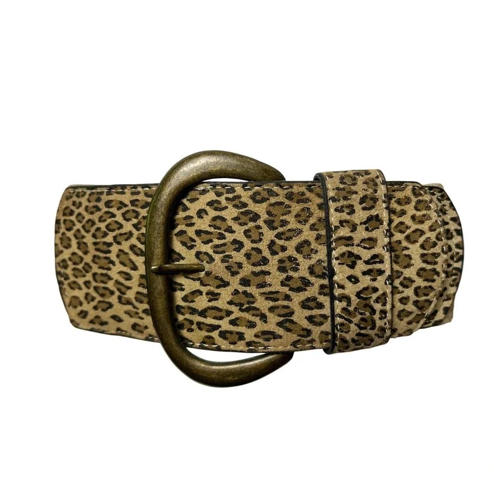 Womens XL Wide Leopard Print Elastic Waist Belt‎ Bronze Buckle Animal Print Tan