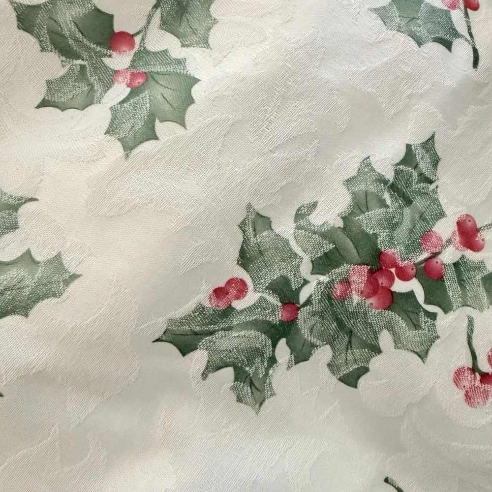 Vintage Christmas Holly Berry Damask‎ Tablecloth 49x99 White