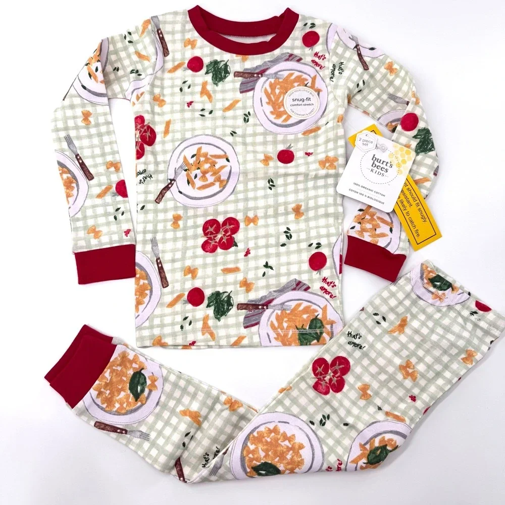 Burt's Bees Kids Pasta Gingham Organic Cotton Pajama Set 4T That's Amore NWT
