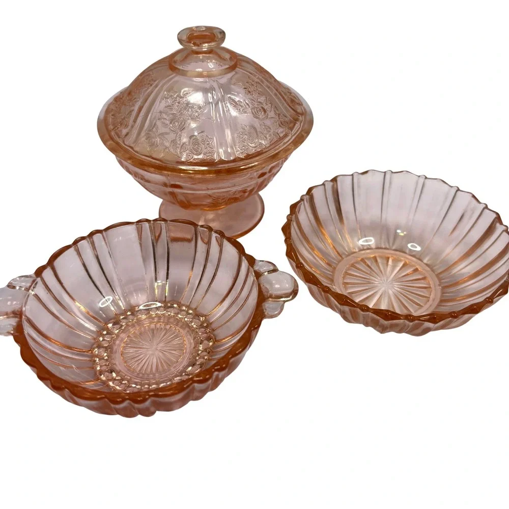Vintage Pink Depression Glass Set Rose Candy Dish Ribbed Bowls 3 Piece Set