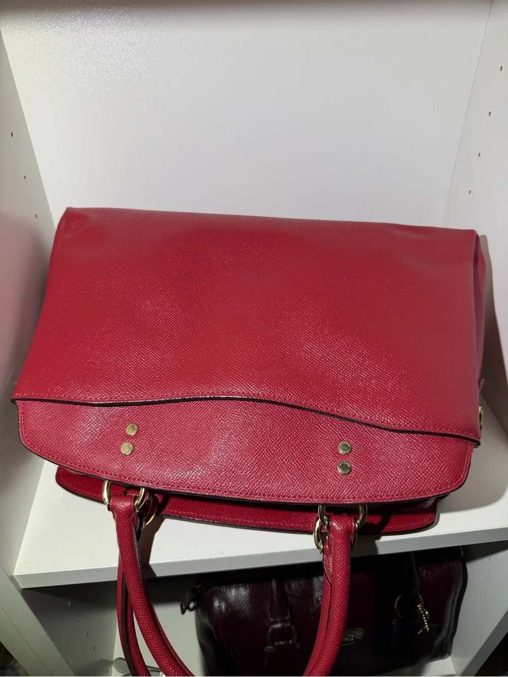 COACH Lillie Carryall Leather Satchel Bag in Cherry Red