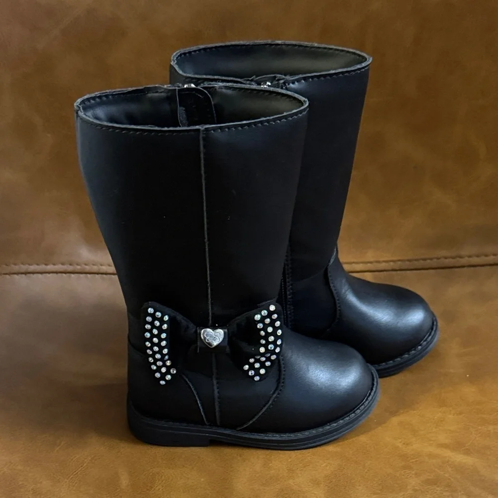 Jessica Simpson Toddler Girl Tall Black Boots with Rhinestone Bow