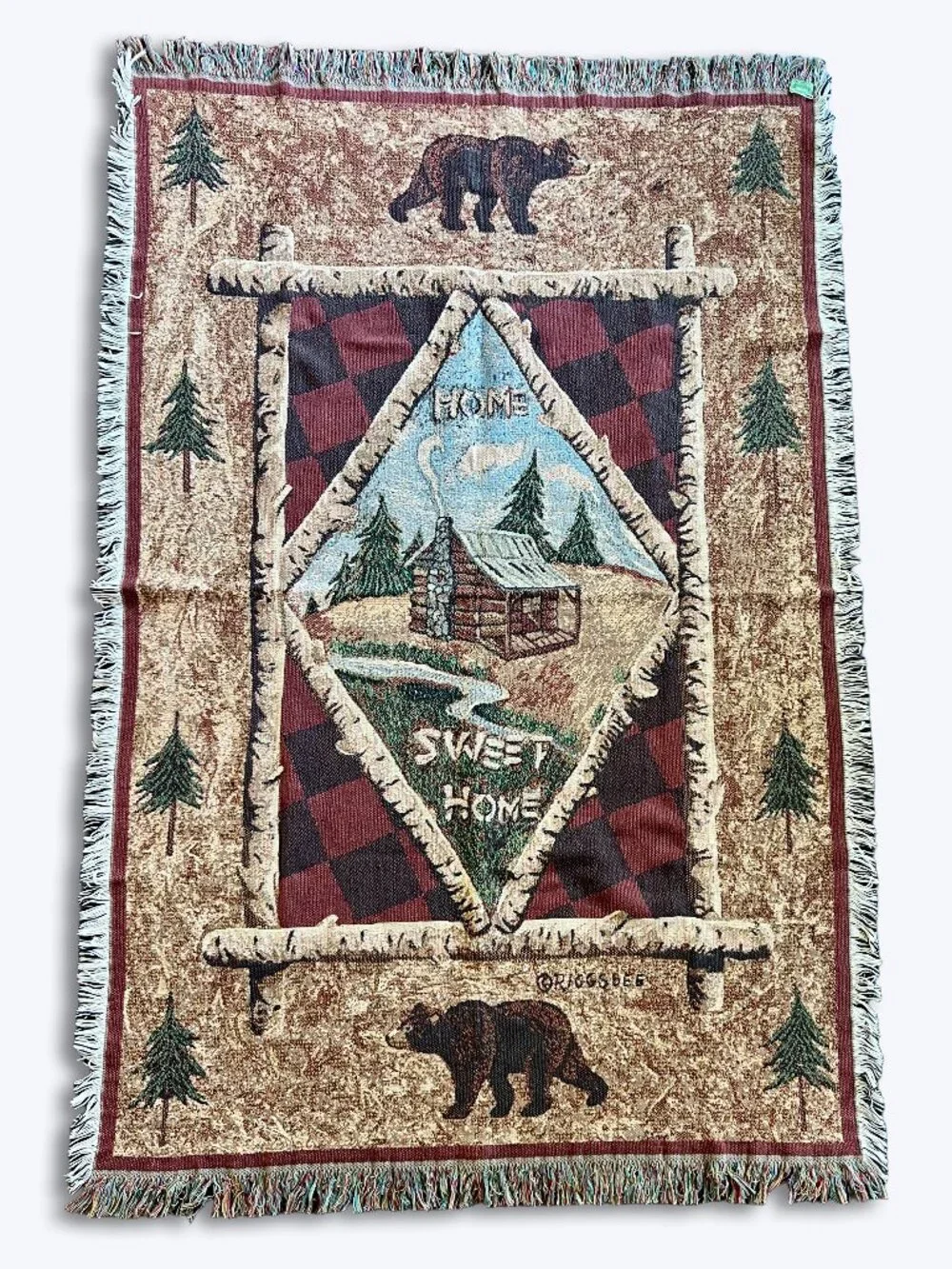 Riggsbee Vtg Home Sweet Home Tapestry Throw Blanket Cabin Bear Fringe 44x68 Lake