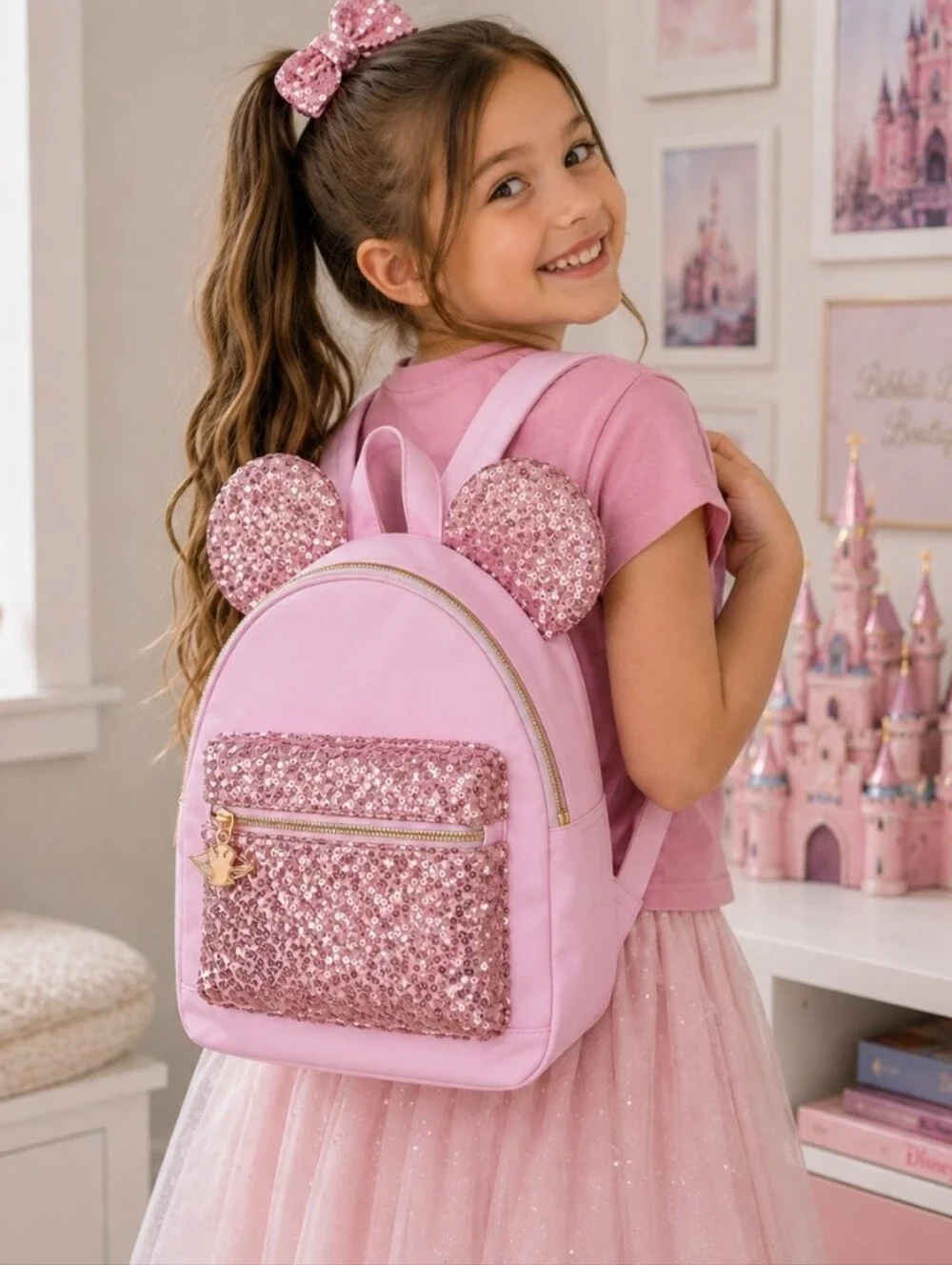 Disney Bibbidi Bobbidi Boutique Pink Sequin Mini Backpack Mouse Ears Park Bag