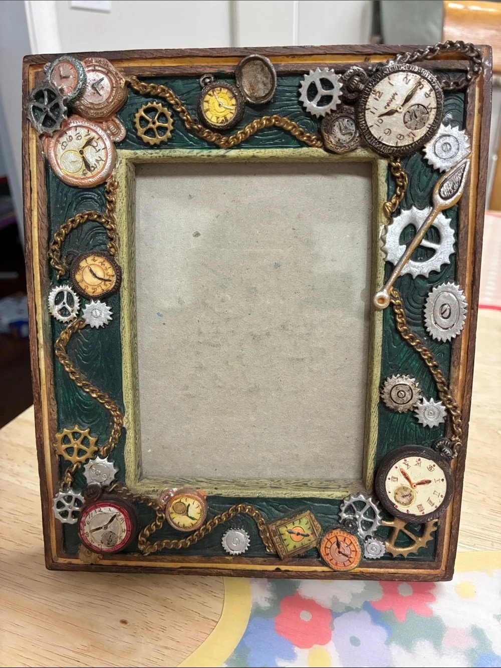 Vintage-Inspired Steampunk Picture Frame in Green and Gold