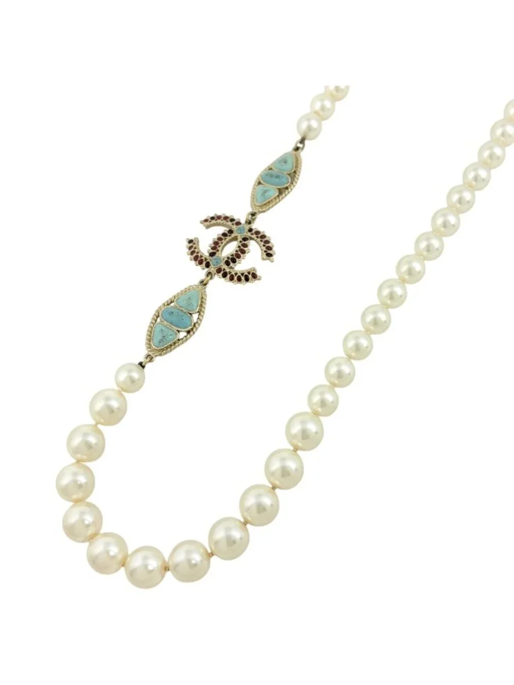 Chanel CC Logo Faux Pearl Necklace Long White Light Blue