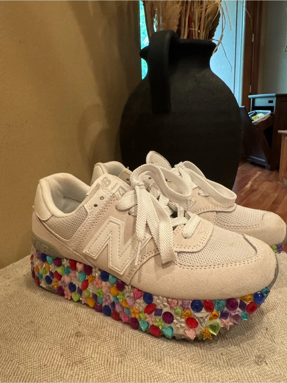 New Balance Women’s Platform Sneakers in White with Multicolor Jeweled Sole