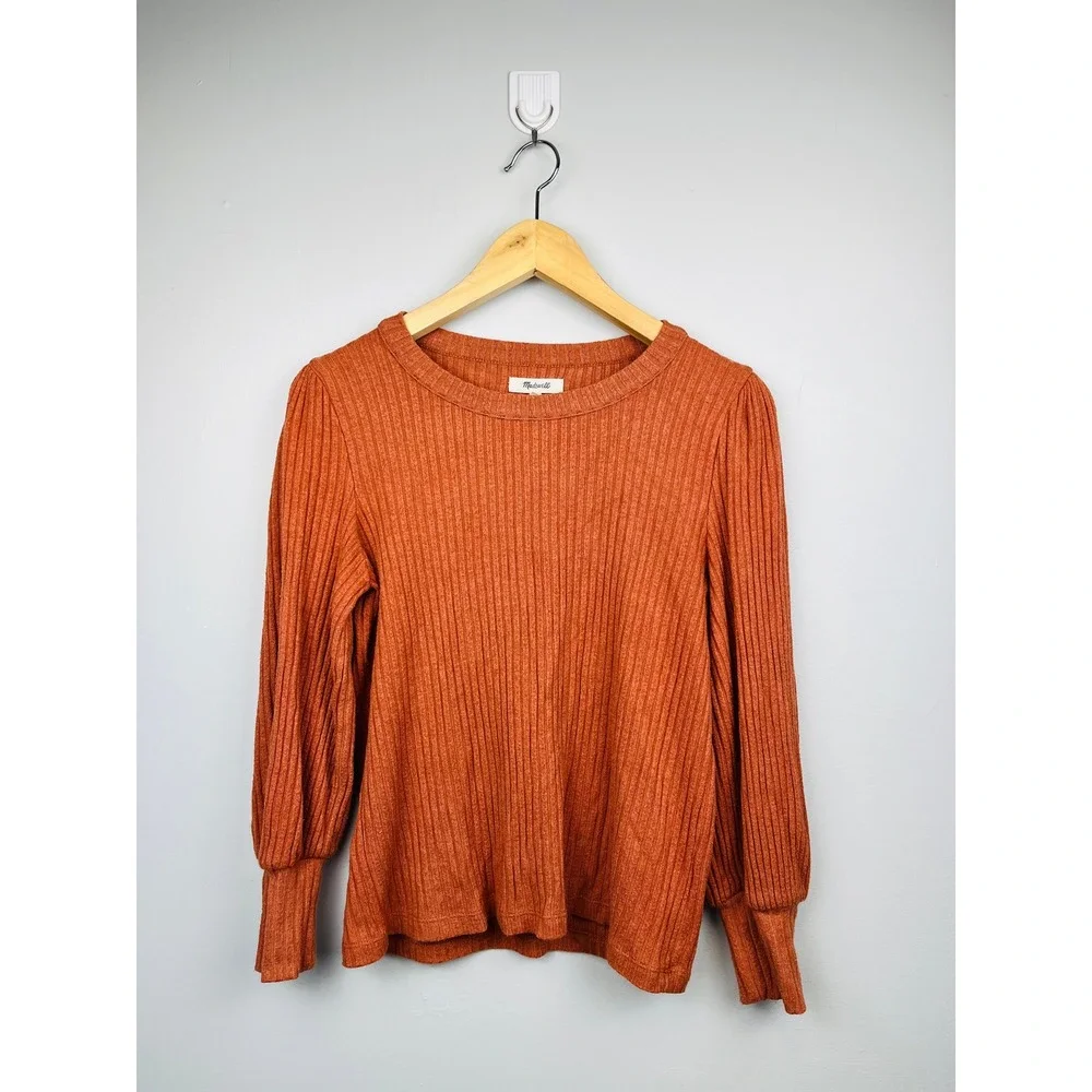 Madewell Ribbed Puff Sleeve Top S Rust Orange Soft Girl Aesthetic‎ Minimalist