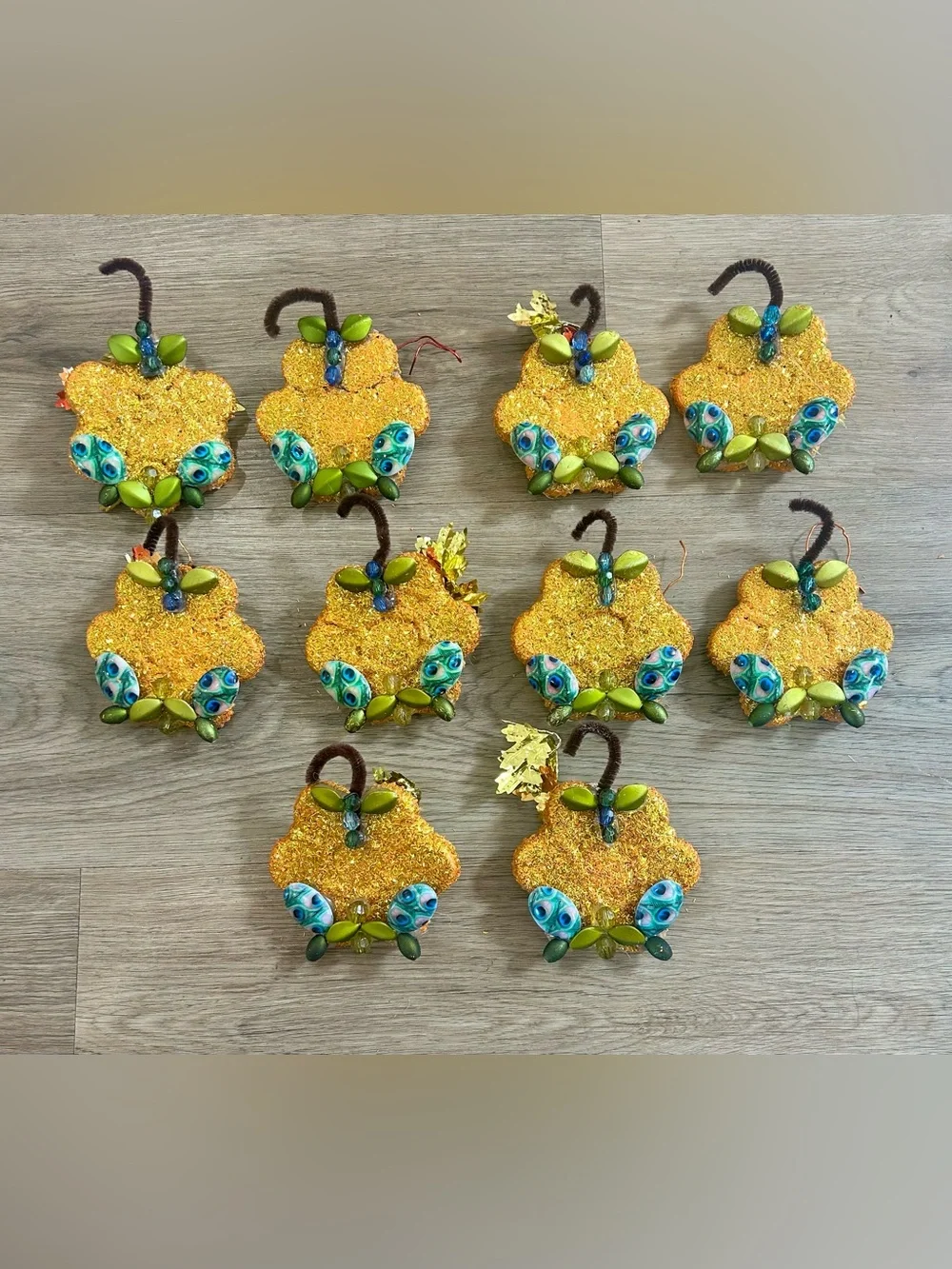 Folk Art Bottle Cap Holiday Ornaments Lot of 10 Kitsch Peacock Eye Millefiori