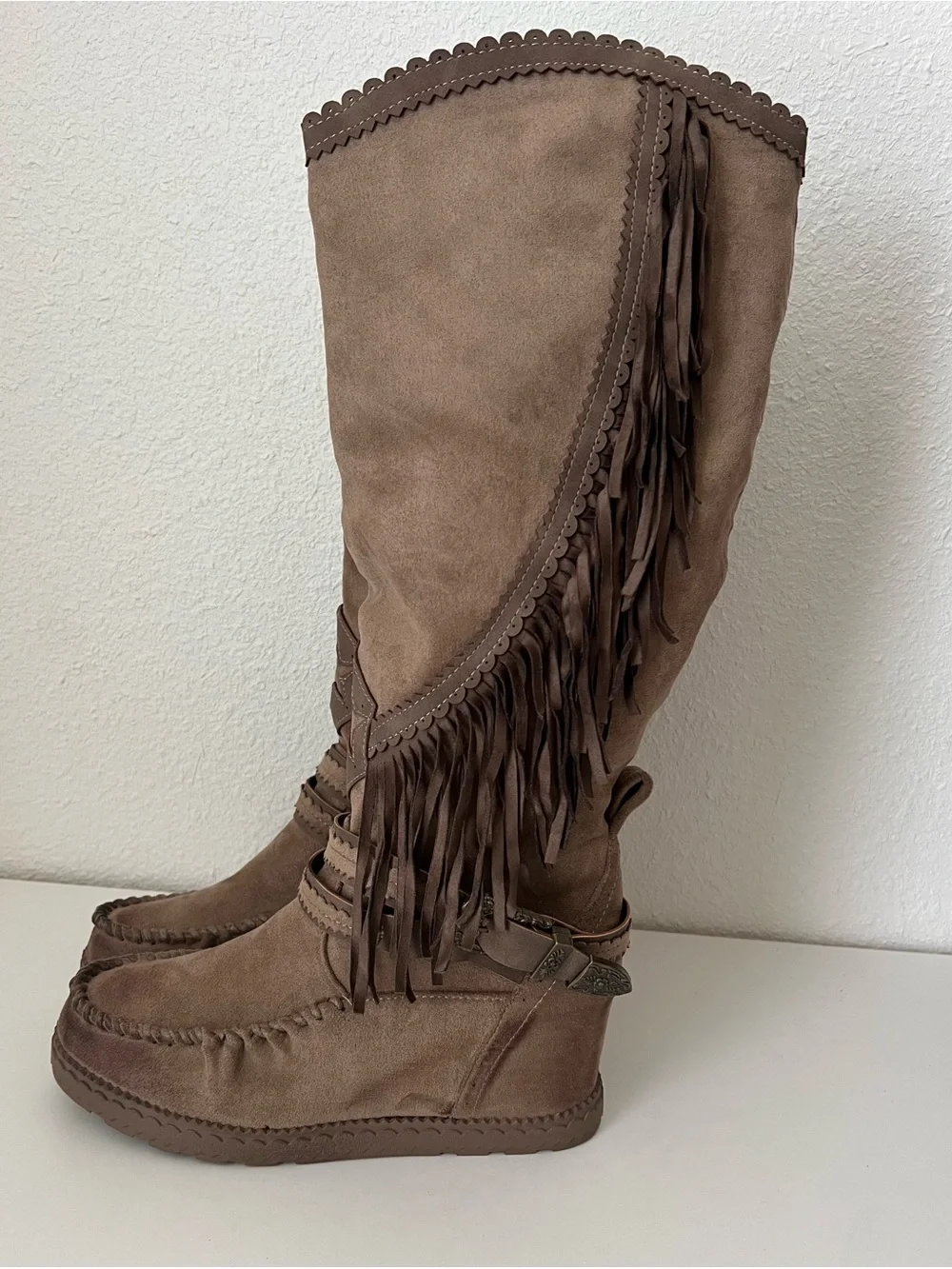 VERY G-Brown Fringe Suede Knee-High Boots - Women's