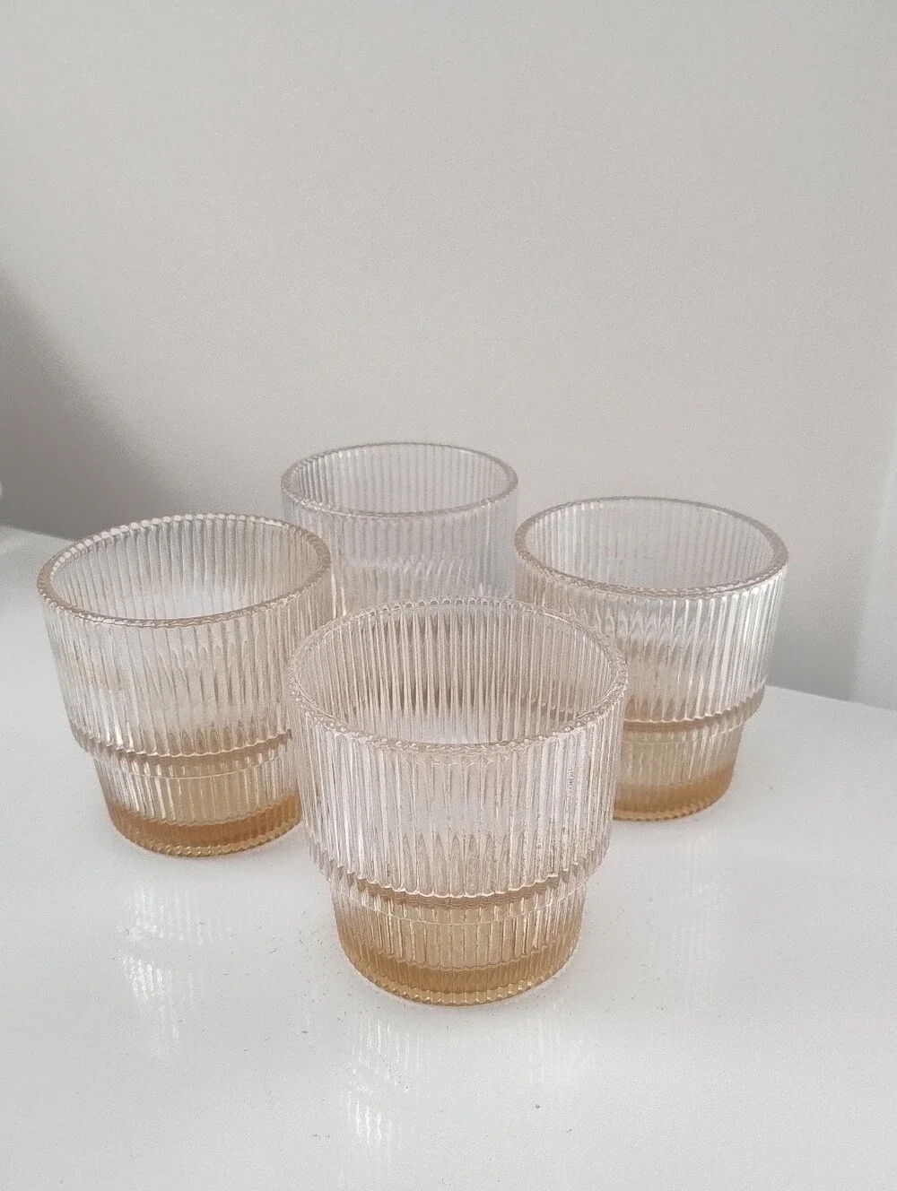 Set of 4 Ribbed Stackable Glass Atwell 11 Oz. Tumblers in Light Amber