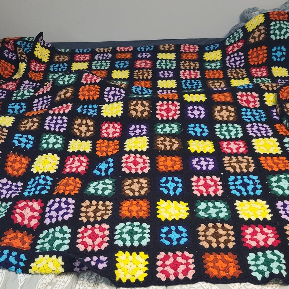Colorful Crochet Granny Square Blanket Full Size Vintage