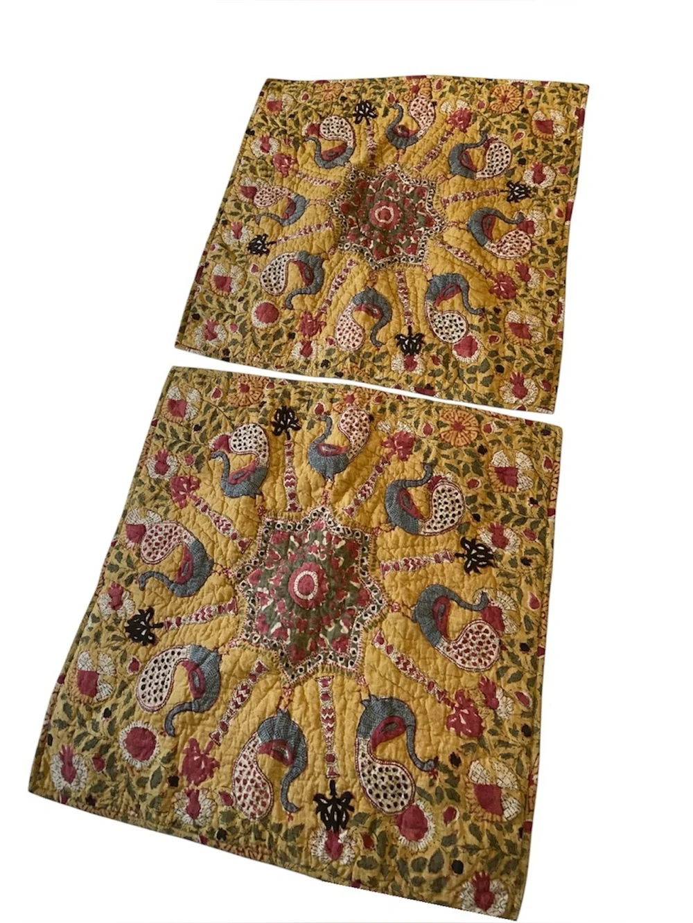Pottery Barn Quilted Mustard Colored Euro Shams Peacock Bird Pattern Lot of 2