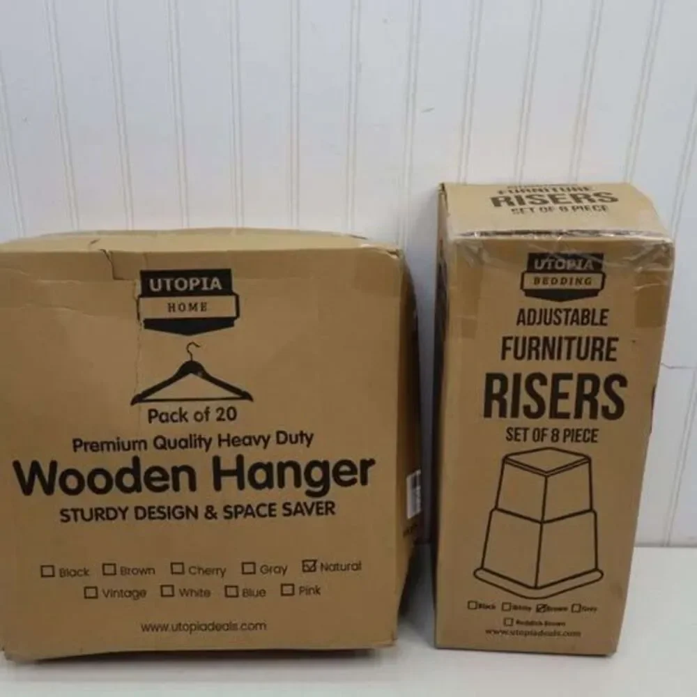 NEW 20-PACK of Heavy Duty Wooden Hangers & 8-Piece Adjustable Furniture Risers