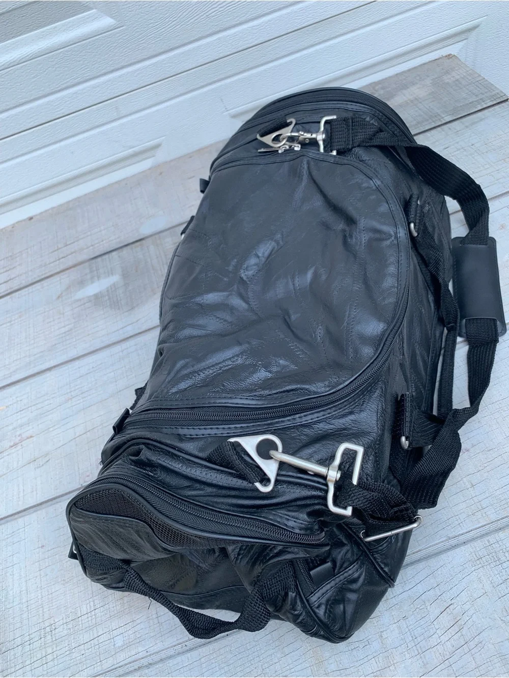 Vintage Seville Black Leather Patchwork Weekender Duffle Travel Bag Gym Pockets