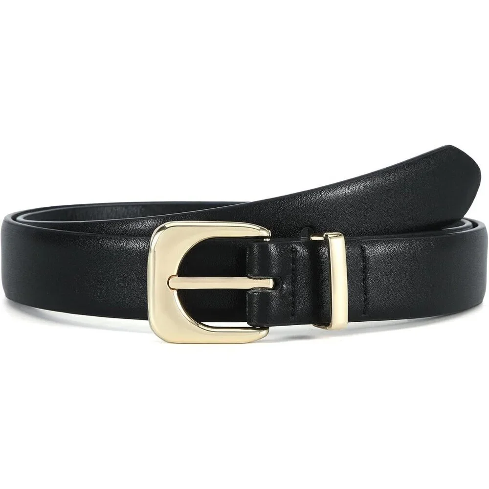 Women's Black Faux Leather Waist Belt With Gold Silver Buckle Casual Jeans Pants