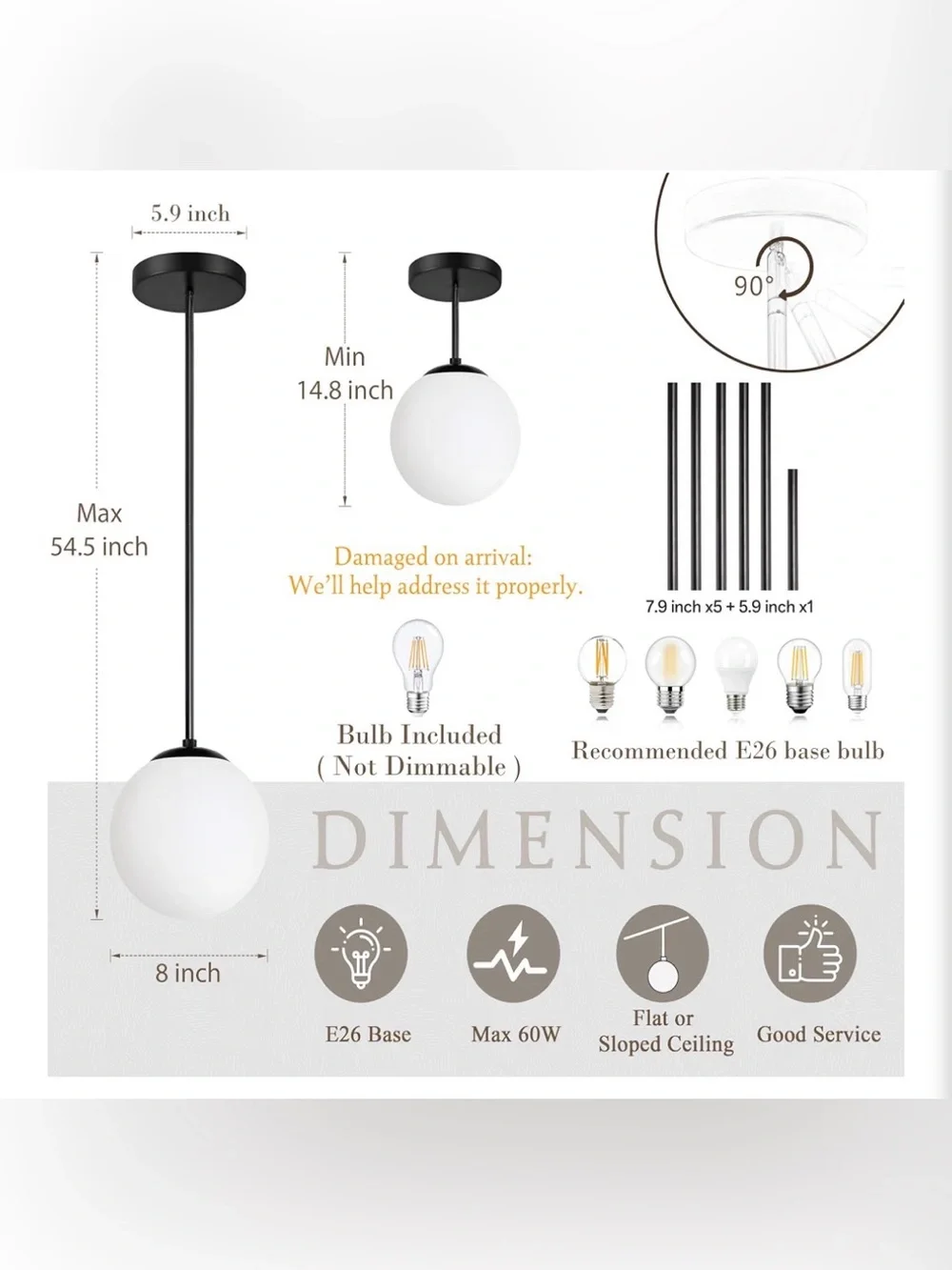 Modern Globe Pendant Light in White and Black8”