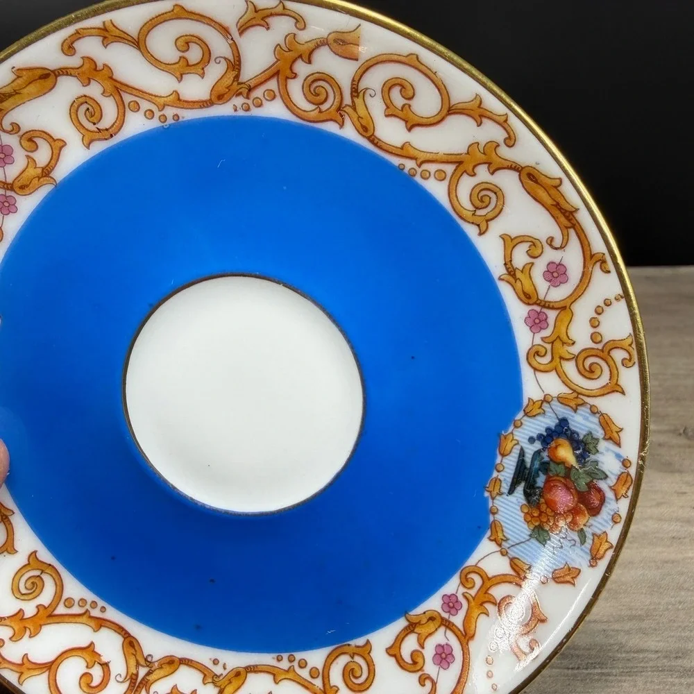 Antique SPM Germany Porcelain Tea Cup Saucer Set Cobalt Blue Gold Fruit Gilt VTG