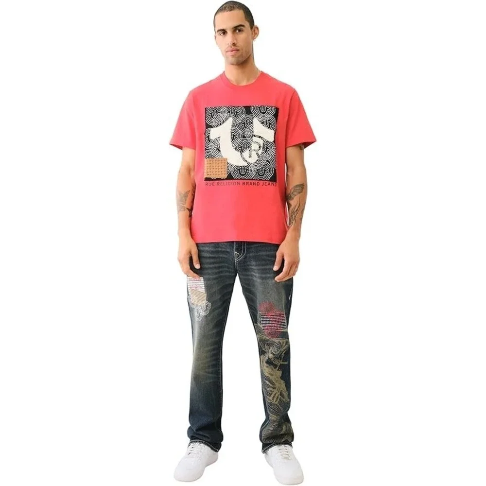 New True‎ Religion Tee Men's Large Red Sashiko  Crewneck Graphic
