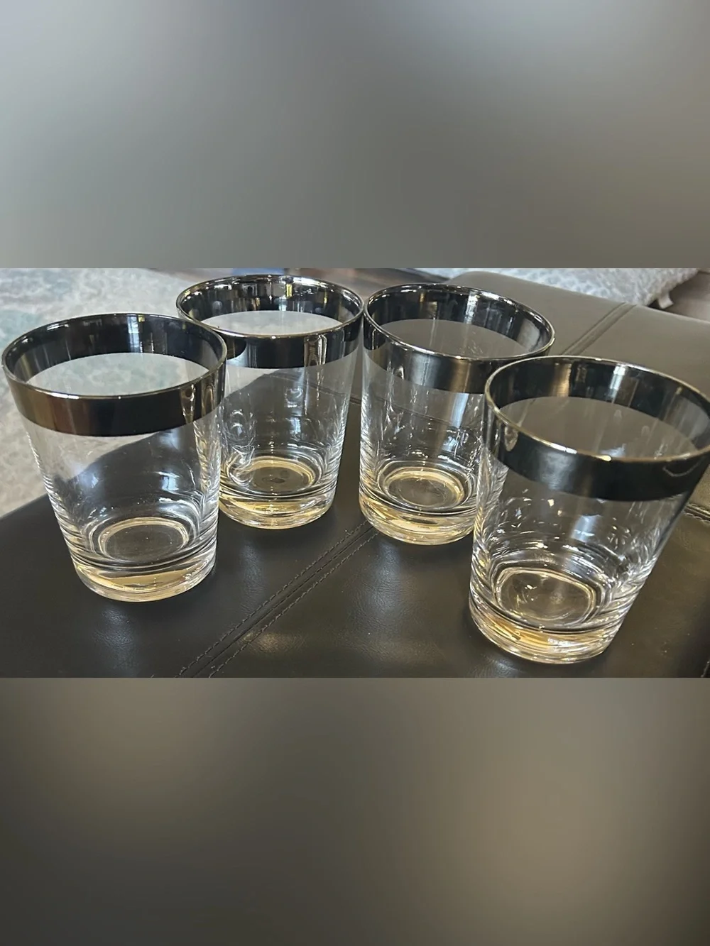 MID CENTURY MODERN DOROTHY THORPE 4 LARGE ROCK COCKTAIL GLASSES SILVER BAND